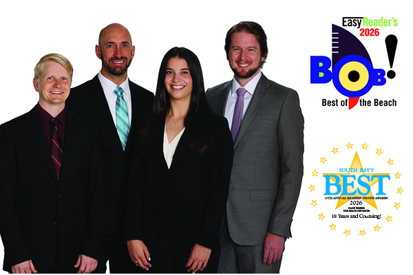 South Bay Hearing team standing together in business attire, three men and one woman, smiling for a group photo. Next to them are two award logos: Easy Reader's 2026 Best of the Beach (BOB) award, and South Bay's Best Annual Readers' Choice Award, marking 18 years of recognition.