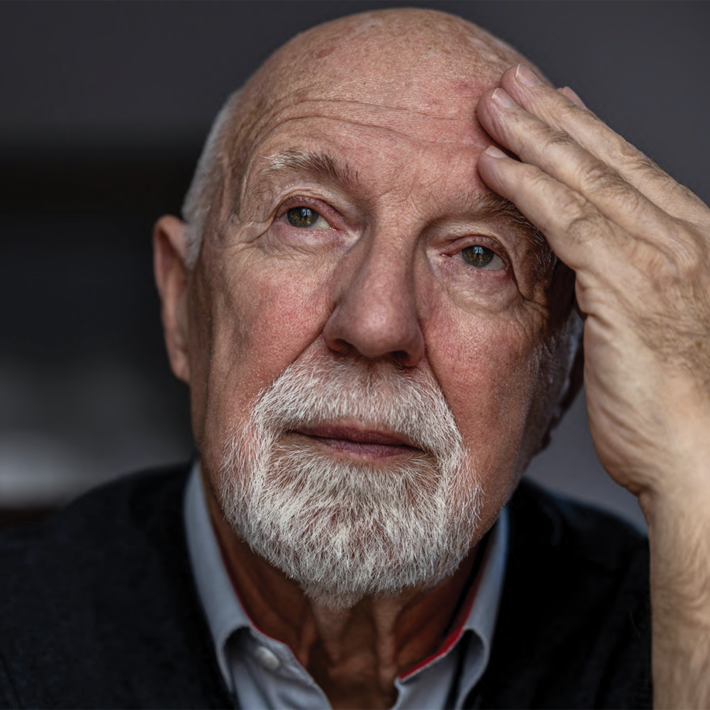 A senior man appearing thoughtful and concerned, illustrating the emotional and cognitive impact of untreated hearing loss