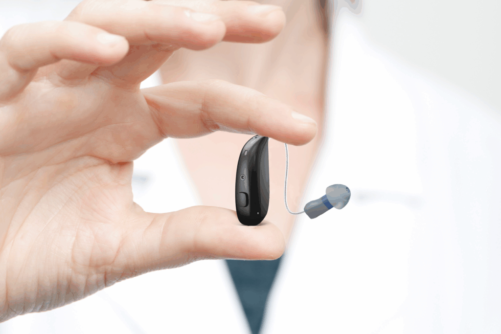 A close-up of a person’s hand holding a small black receiver-in-canal hearing aid between their fingers.