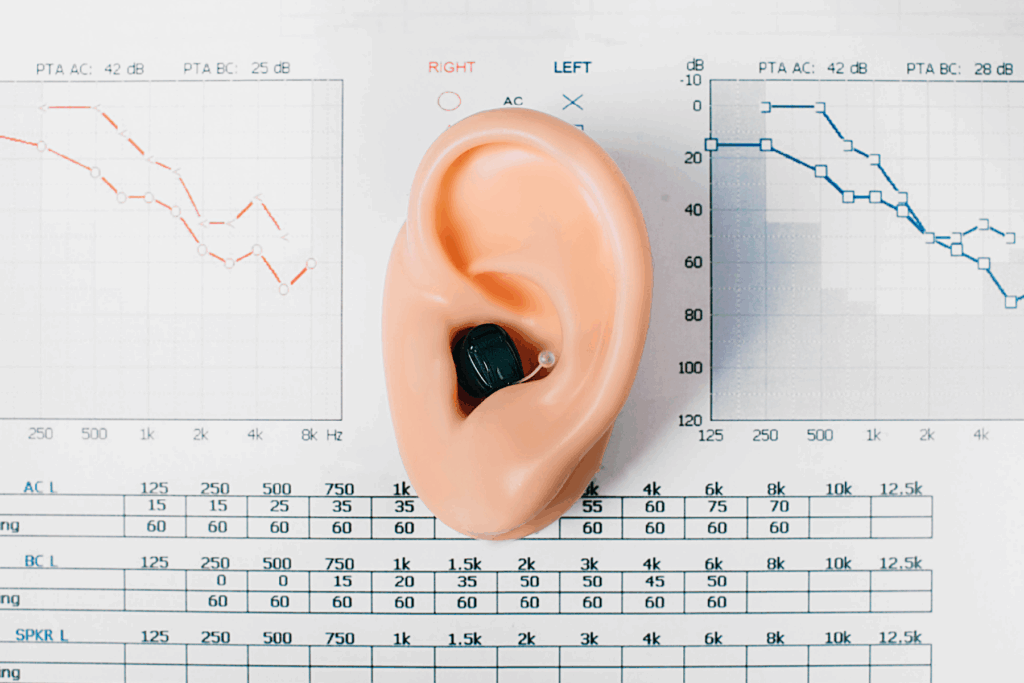 Close-up of an audiogram chart with a silicone ear model fitted with a hearing aid placed on top.