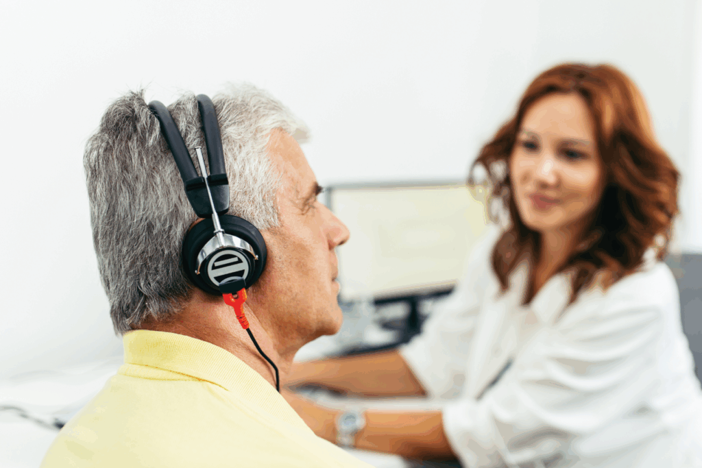 An man wearing headphones during a hearing test while an audiologist monitors results on a computer in a hearing care professional's office.