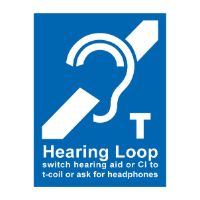 Blue hearing loop sign with an ear symbol and the letter 'T,' indicating availability of telecoil-compatible hearing assistance.