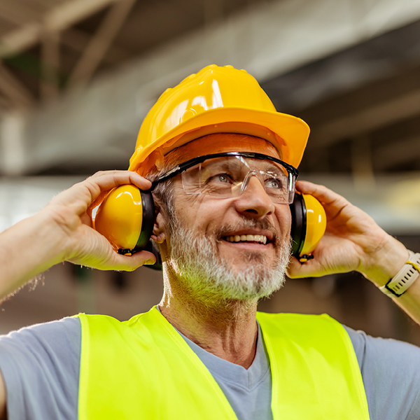 Construction worker wearing electronic earmuffs and safety gear demonstrates hearing protection that allows awareness in a loud work environment.