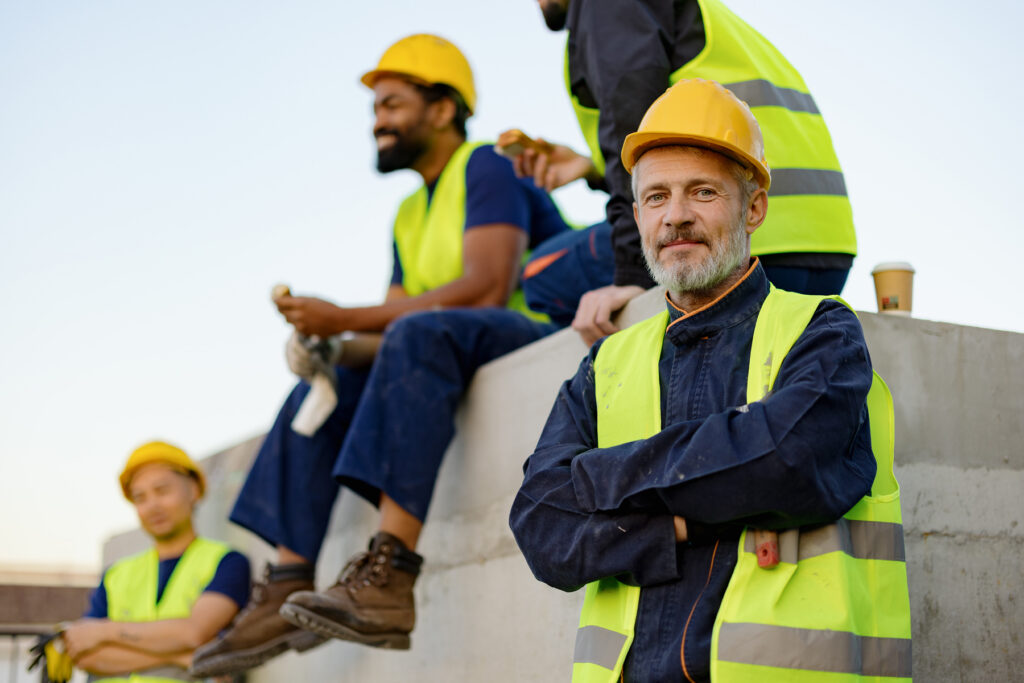 Construction workers wearing high visibility vests and hard hats take a break at a job site, highlighting workplace safety and hearing protection awareness.