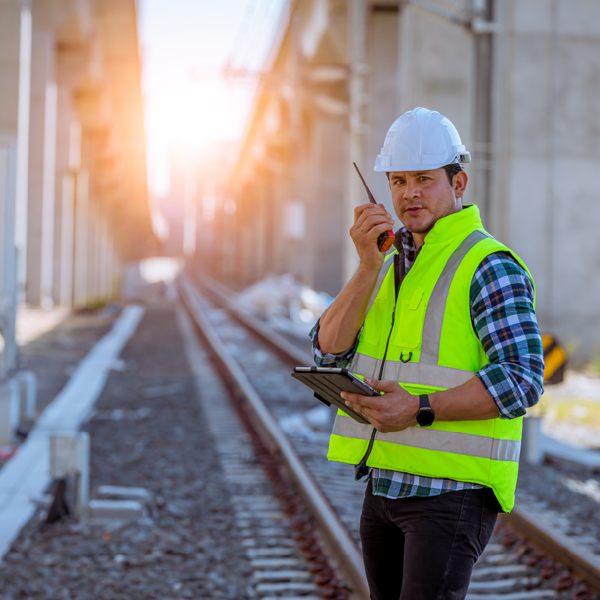 Train crew member in high-visibility safety vest using two-way radio near railway tracks, highlighting communication and hearing safety in railroad environments.