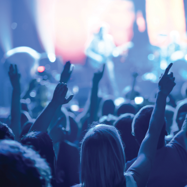 Crowd at a loud live concert with raised hands and bright stage lights, illustrating noise exposure as a common cause of tinnitus and hearing loss.