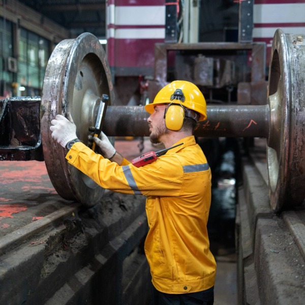 Railroad maintenance worker wearing earmuff hearing protection and hard hat inspecting a train wheelset inside a rail repair facility.