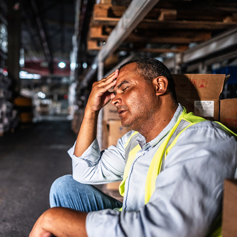 Tired warehouse worker sitting against boxes with his hand pressed to his forehead and eyes closed, depicting mental exhaustion from listening effort in a noisy work environment