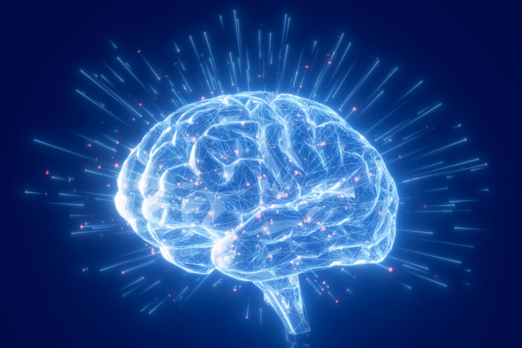 Digital illustration of a glowing blue brain with radiating light particles, representing neural activity.