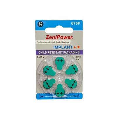 ZeniPower IMPLANT POWER, size 675 cochlear (10 cards of 6 batteries)